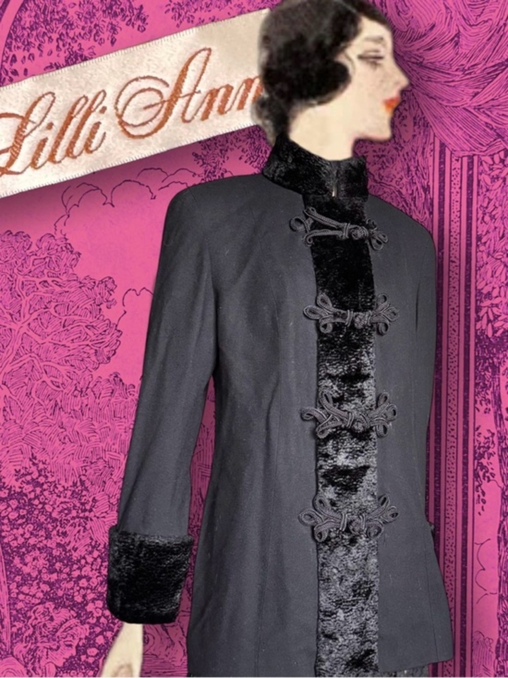 Lilli Ann Black Wool Jacket Faux Fur Frog Closure ILGWU Union Made USA 70s 80s